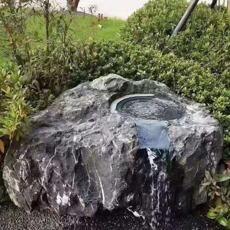 日式庭院黑山石水钵流水户外水池别墅花园青石黑山石水槽石盆造景