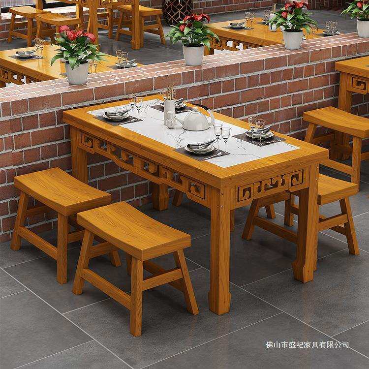包邮实木岩板快餐桌椅饭店小吃店面馆餐桌碳化火锅烧烤长方形组合