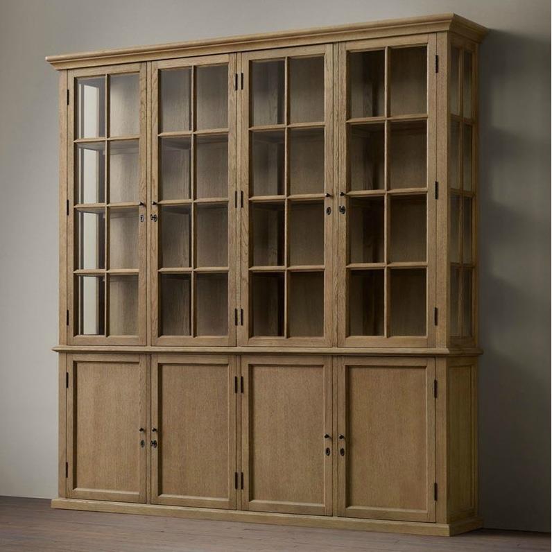 RH美式乡村做旧实木四门书柜法式复古橡木挂式收纳天地锁卧室衣柜