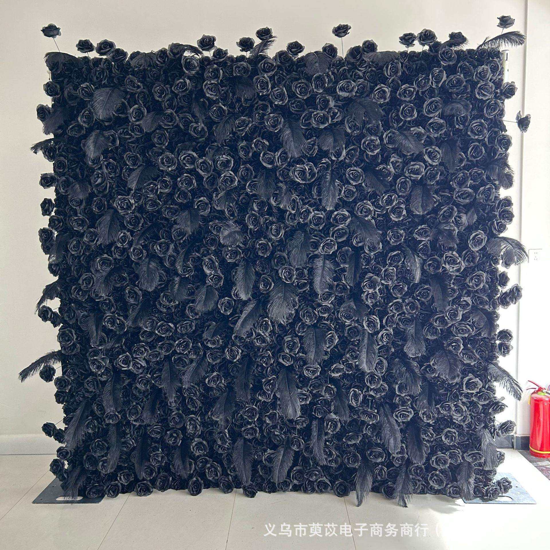 优选仿真花网红墙布置仿真黑色玫瑰花墙黑色羽毛布底花墙