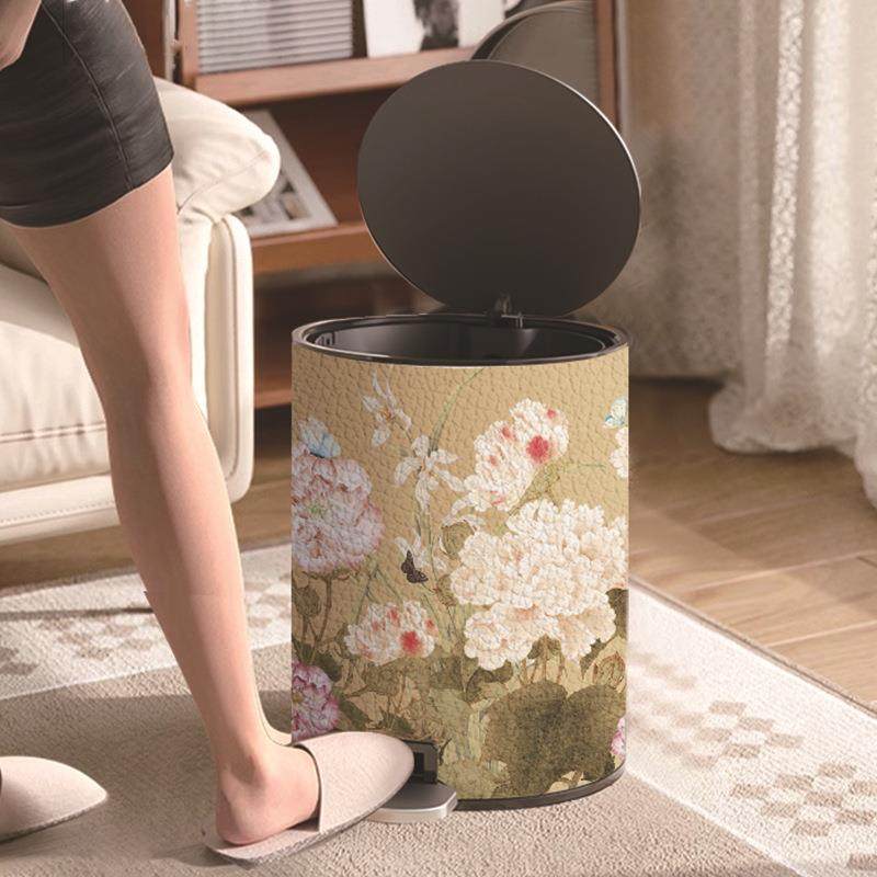 禾牧程不锈钢皮革垃圾桶家用中古风花卉高颜值客厅卧室大号卫生桶