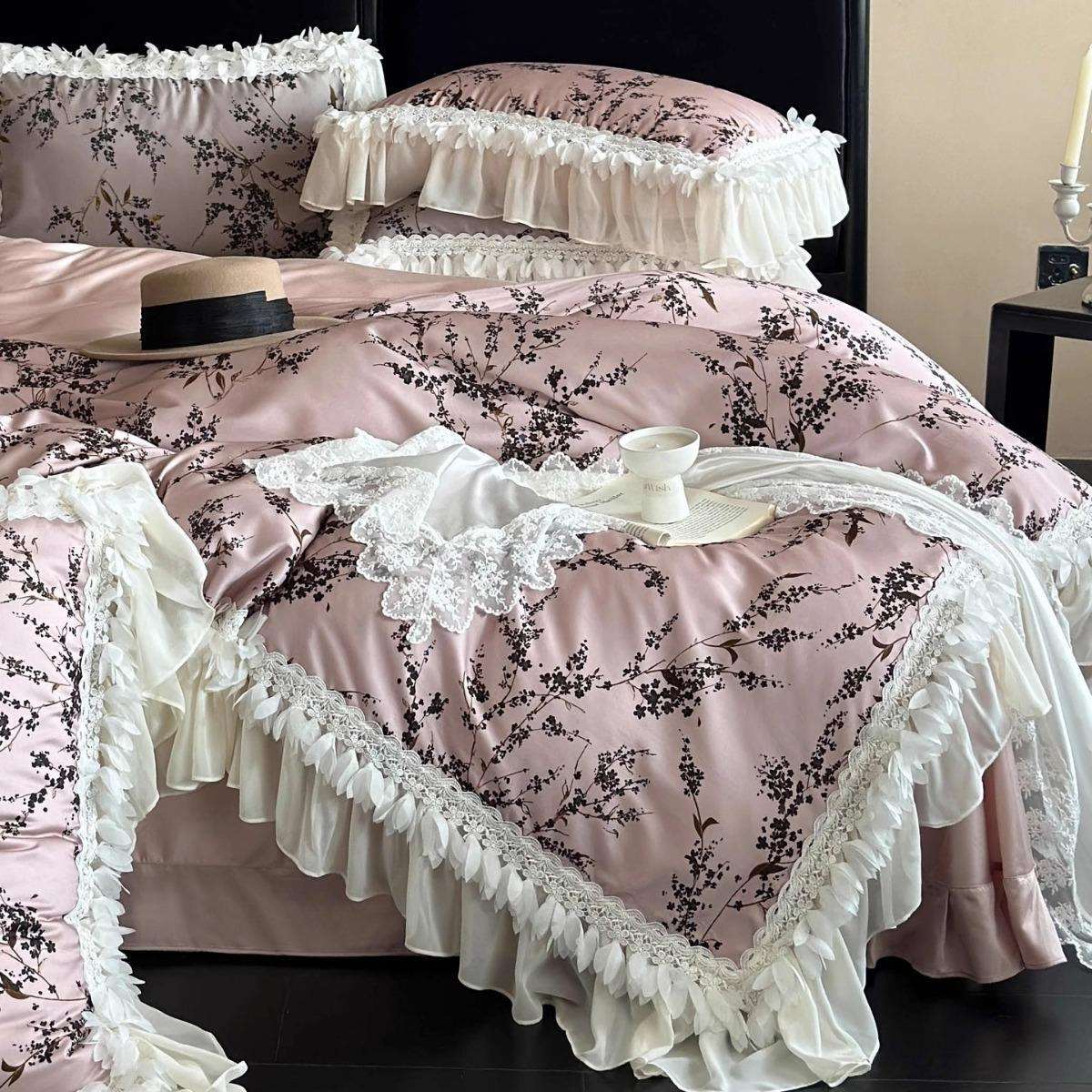 1法式浪漫羽毛雪纺边天丝棉四件套小众工艺复古被套床单床上用品