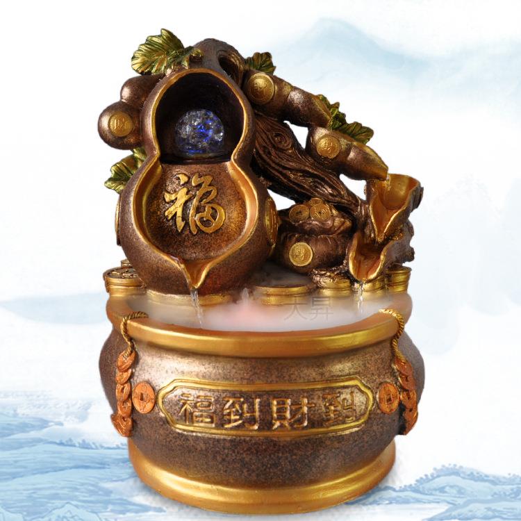树脂流水加湿器聚宝盆土豪金五福临门葫芦婚庆流水摆件喷泉