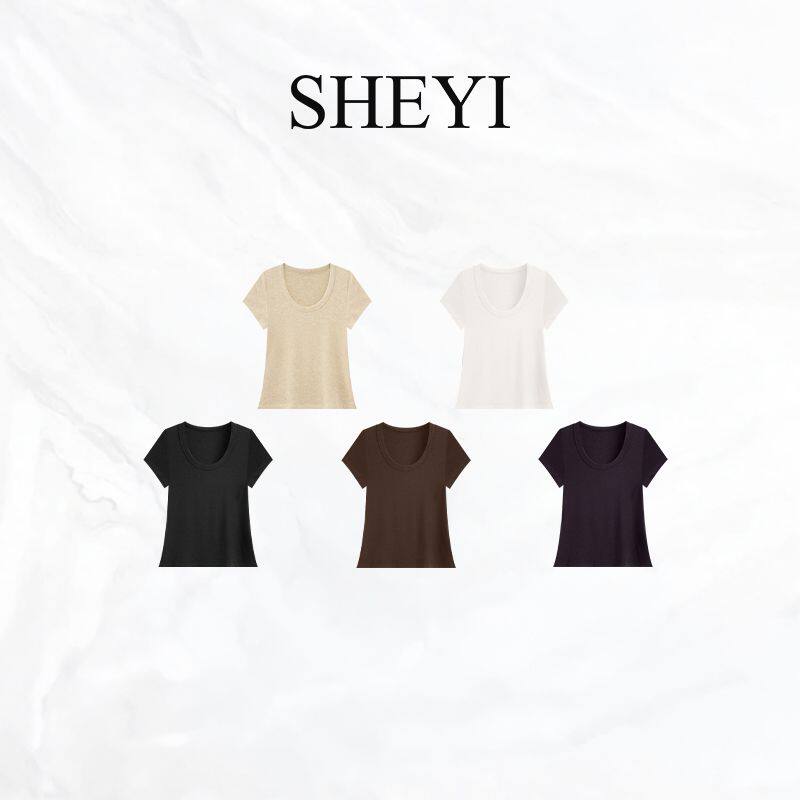 奢意【夏日肌理Tee】”U领羊毛天丝定织短袖T恤夏季正肩T恤女百搭