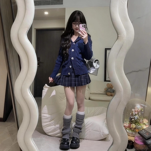 学院风针织开衫 新款 2025秋季 毛衣收腰格纹百褶裙套装 藏青耶鲁