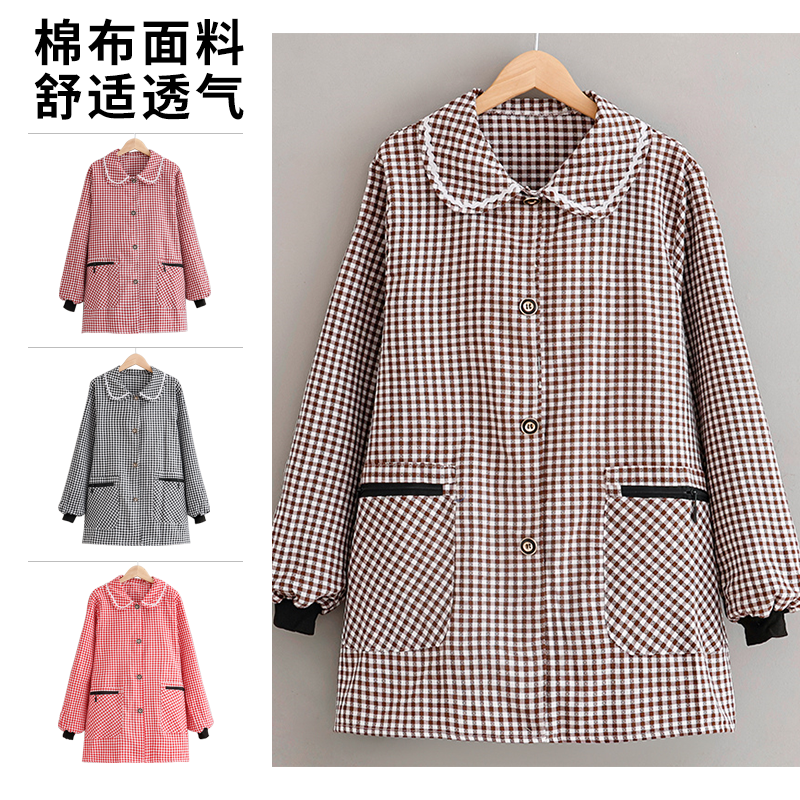 洋气棉布格子罩衣防油防污上班工作服透气防尘厨房做饭长袖围裙女