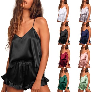 solid neck suspender 女士纯色V领吊带睡衣 Women pajamas