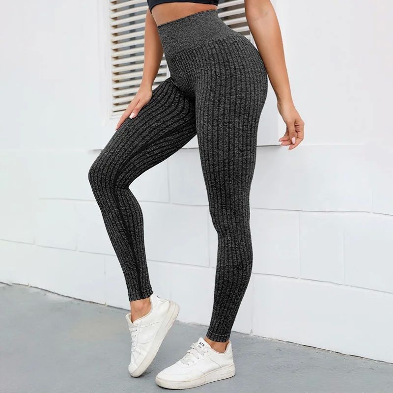 Leggings High Waisted Workout Yoga Pants 竖条螺纹高弹运动裤