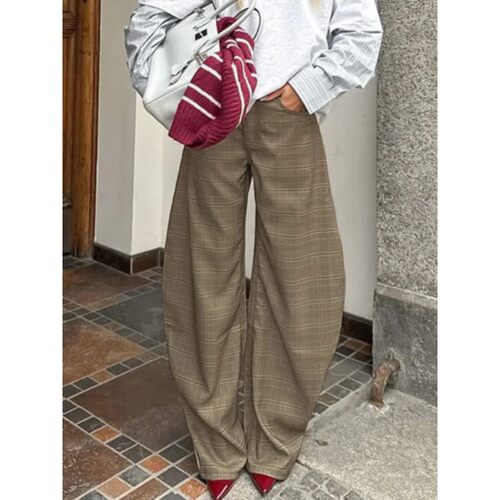 欧美格子休闲弯刀裤女不易变形