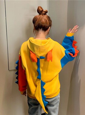 Autumn/Winter Colorblock Hooded Sweatshirt恐龙拼色连帽卫衣女