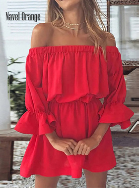 Women's solid color one-shoulder dress  女装纯色一字肩连衣裙