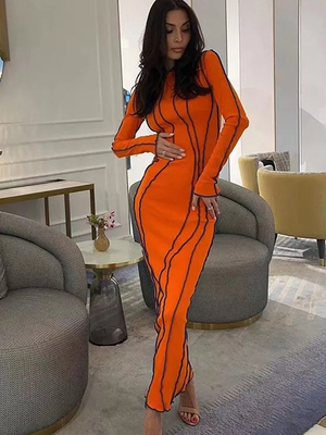 女式纯色圆领条纹连衣裙