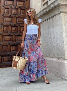 Ruffle skirt printed long skirt for women 荷叶边印花大摆长裙