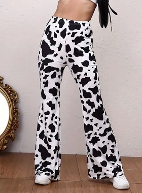 High waisted printed casual micro flared pants高腰印花微喇裤