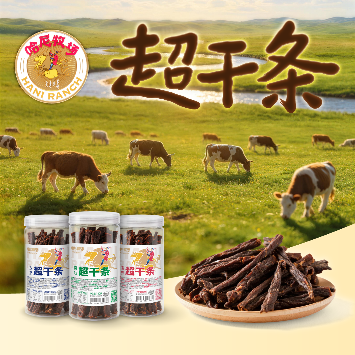 哈尼牧场95成炭烤风干牛肉干内蒙古零食超干条180g/罐即食牛肉干