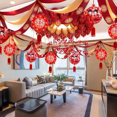 婚房简约大气房间装饰布置男方结婚新房客厅创意浪漫婚礼拉花套装