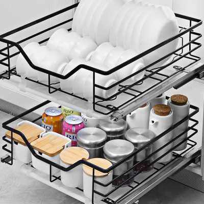 拉篮厨房橱柜304不锈钢双层抽屉式碗架超窄柜调味篮迷你内小尺寸