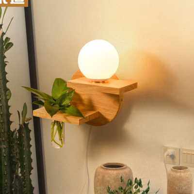 来适 实木壁灯水培植物客厅置物带开关卧室床头入户墙壁日式灯具
