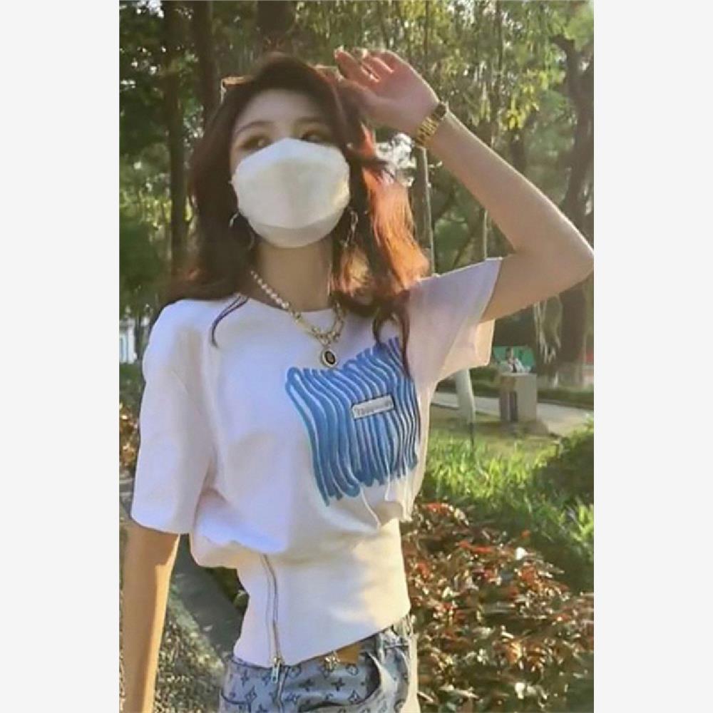 纯棉白色短袖t恤女2025夏季新款收腰短款拉链设计感小众休闲上衣