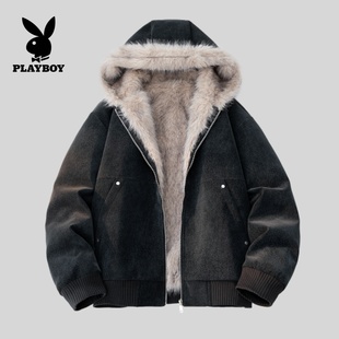 休闲男女外套潮 皮衣夹克加绒加厚连帽情侣款 花花公子2025新款 冬季