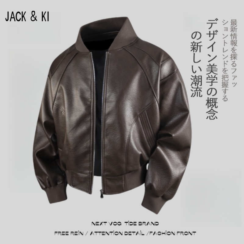 JACK&KI美式复古短款宽松立领皮衣外套男春季休闲帅气PU皮夹克男