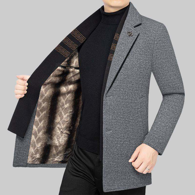 毛呢大衣男加绒加厚高档商务休闲中青年围巾领男士修身中长款西服
