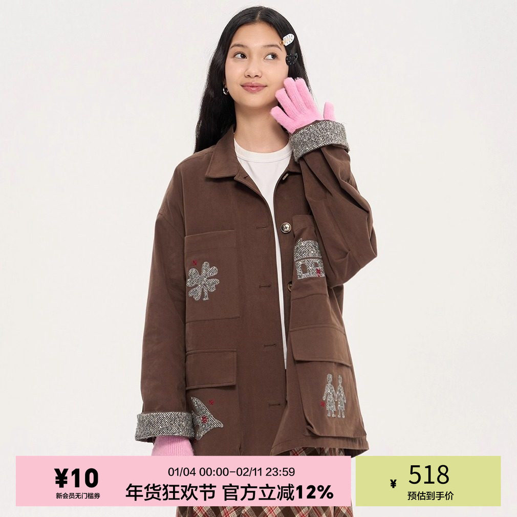 「heris」毛呢贴布刺绣 夹棉可拆卸内胆 廓形翻领巴恩风夹克外套,女装/女士精品,棉衣/棉服,淘宝优惠券,粉丝福利购,淘宝优惠卷