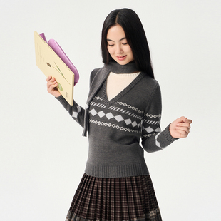 显瘦毛衣围巾套装 修身 V领假两件层次 「heris」学院费尔岛提花