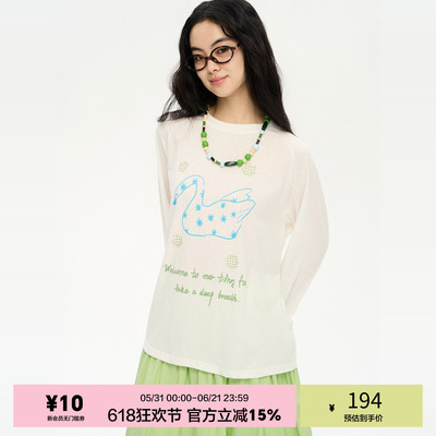 「heris」手绘天鹅印花薄透长袖T