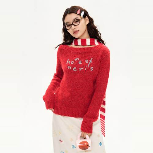 「heris」手写标语刺绣露肩毛衣