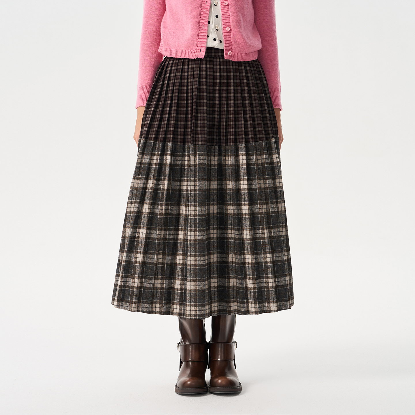 「heris」紫灰色格纹拼接百褶裙