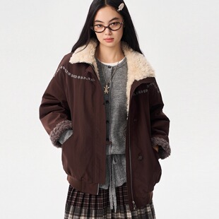 「heris」蓬松羊羔毛内胆 浆果紫立领花苞派克棉服 花簇藤蔓刺绣