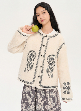 「heris」重工游牧腰果花刺绣 保暖厚实羊羔绒 宽松圆领短款外套