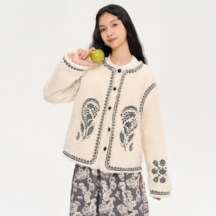 外套 宽松圆领短款 「heris」重工游牧腰果花刺绣 保暖厚实羊羔绒