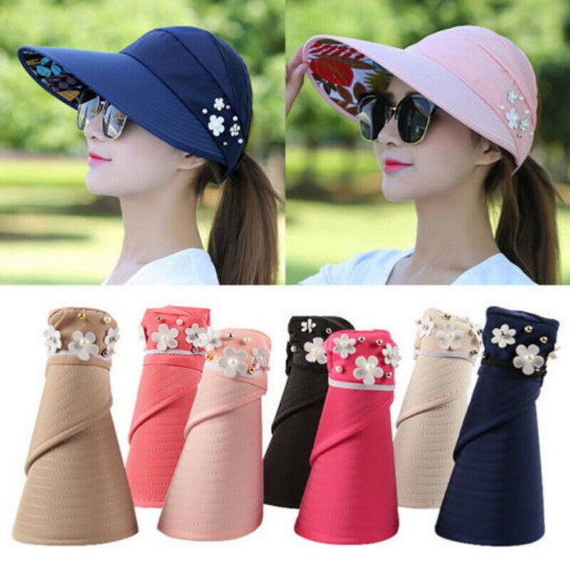 women visor hat sun beach foldable roll up wide brim cap