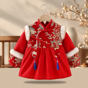 过年宝宝回老家穿的红色拜年罩衣新年女童灯芯绒中国风过年服护衣