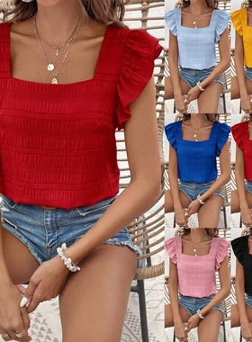 Forked leaf edge patchwork jacket     休闲方领荷叶边拼接上衣