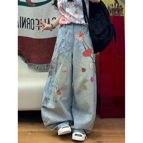 Chain printed denim wide leg pants宽松链条印花牛仔阔腿长裤女
