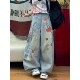 pants宽松链条印花牛仔阔腿长裤 Chain 女 wide leg printed denim