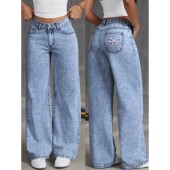 Jeans蝴蝶结刺绣牛仔直筒裤 Bow Leg Denim Embroidered Straight