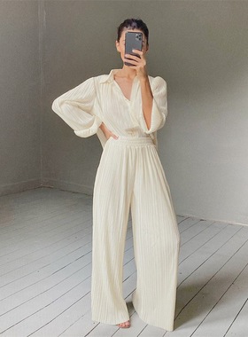 Shirt mop the floor wide-leg pants suit 衬衫拖地阔腿裤套装女