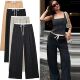 pants纯色高腰休闲拼接宽松阔腿裤 Solid wide leg color spliced