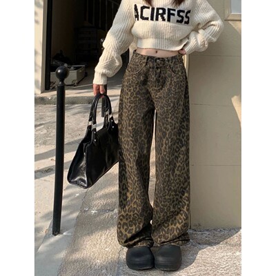 直筒休闲阔腿豹纹牛仔裤女 Casual wide-leg leopard-print jeans