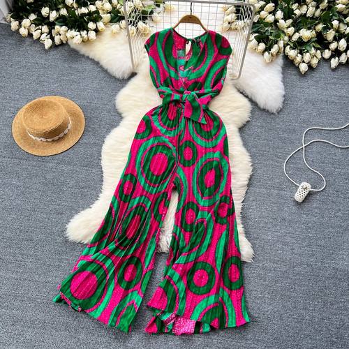 Sleeveless V-neck printed casual jumpsuit无袖V领印花连体裤女