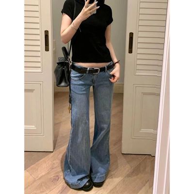 Women's denim micro flared pants复古做旧低腰水洗牛仔微喇长裤