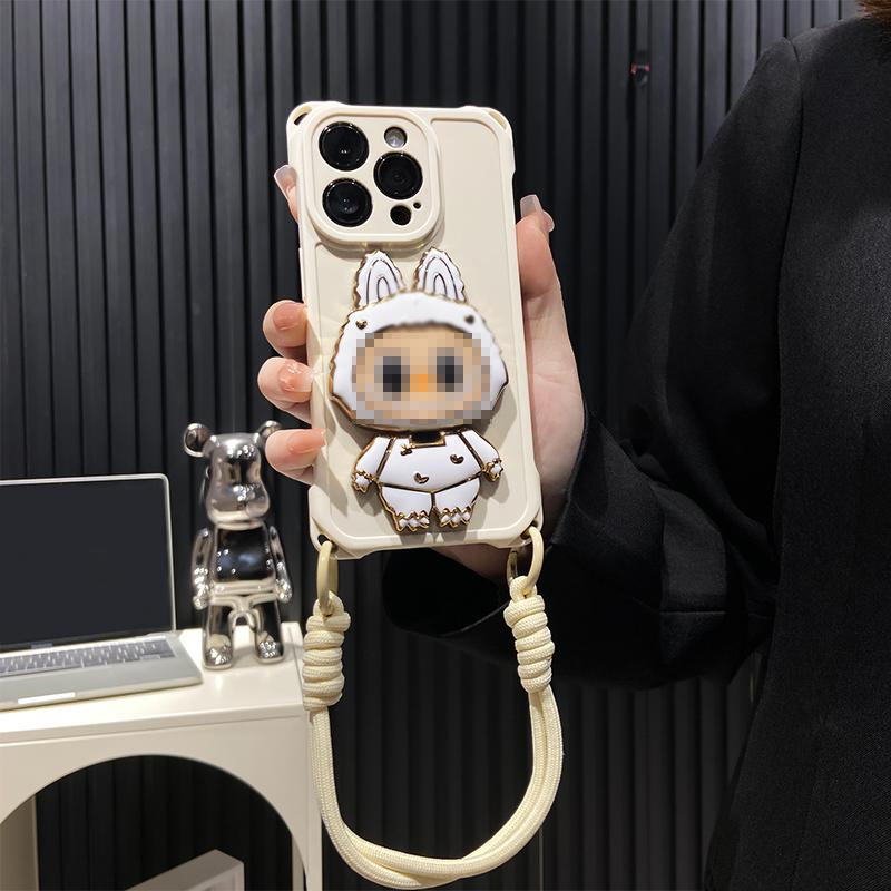 拉布布补妆镜子支架适用苹果16pro手机壳15promax四角可挂14pro手拎绳iPhone13防摔12斜挎11背带7p挂脖i49