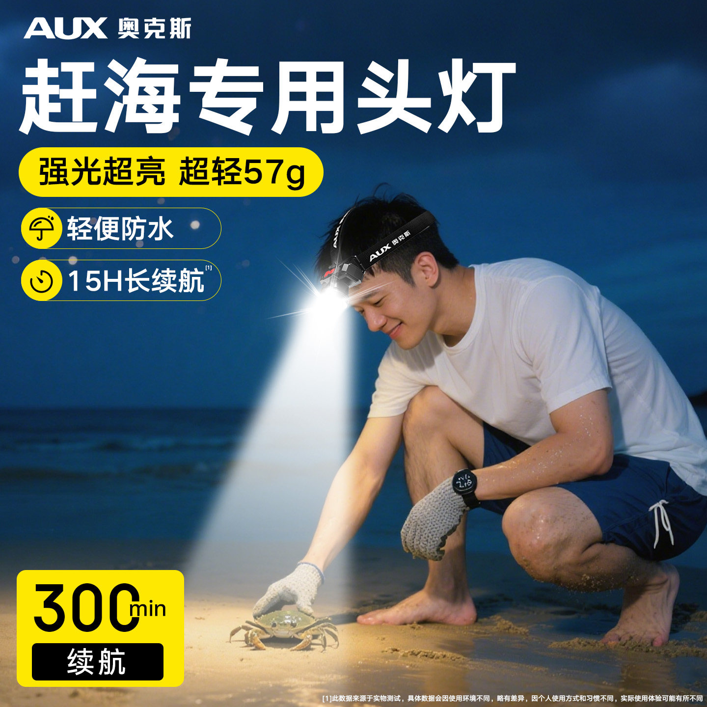 奥克斯赶海专用头灯强光超亮超长续航小型头戴式抓螃蟹防水耐用新