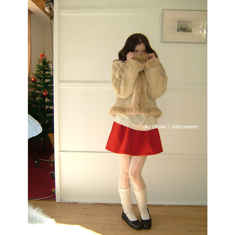 DKZ 立领皮毛一体外套女冬季新款复古加厚毛毛机车服