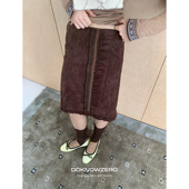 DKZ 现货 咖色麂皮绒中裙女秋冬复古花边拼接设计直筒半身裙