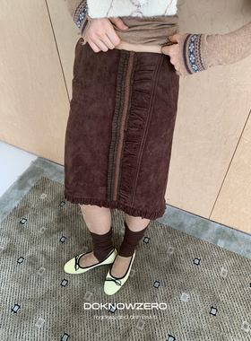 DKZ 咖色麂皮绒中裙女秋冬复古花边拼接设计直筒半身裙